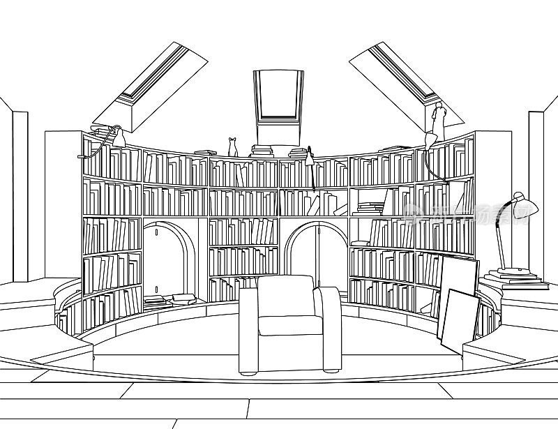 一个图书馆的轮廓，有很多书，一把扶手椅，白色背景上孤立的黑线。Circle Library. 3D。矢量插图。